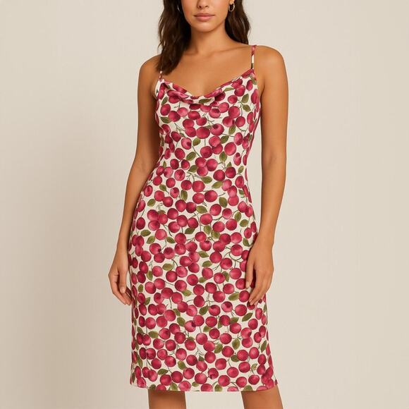 Zinc Cherry Print Cowl Neck Slip Dress Size S - Picture 1 of 4